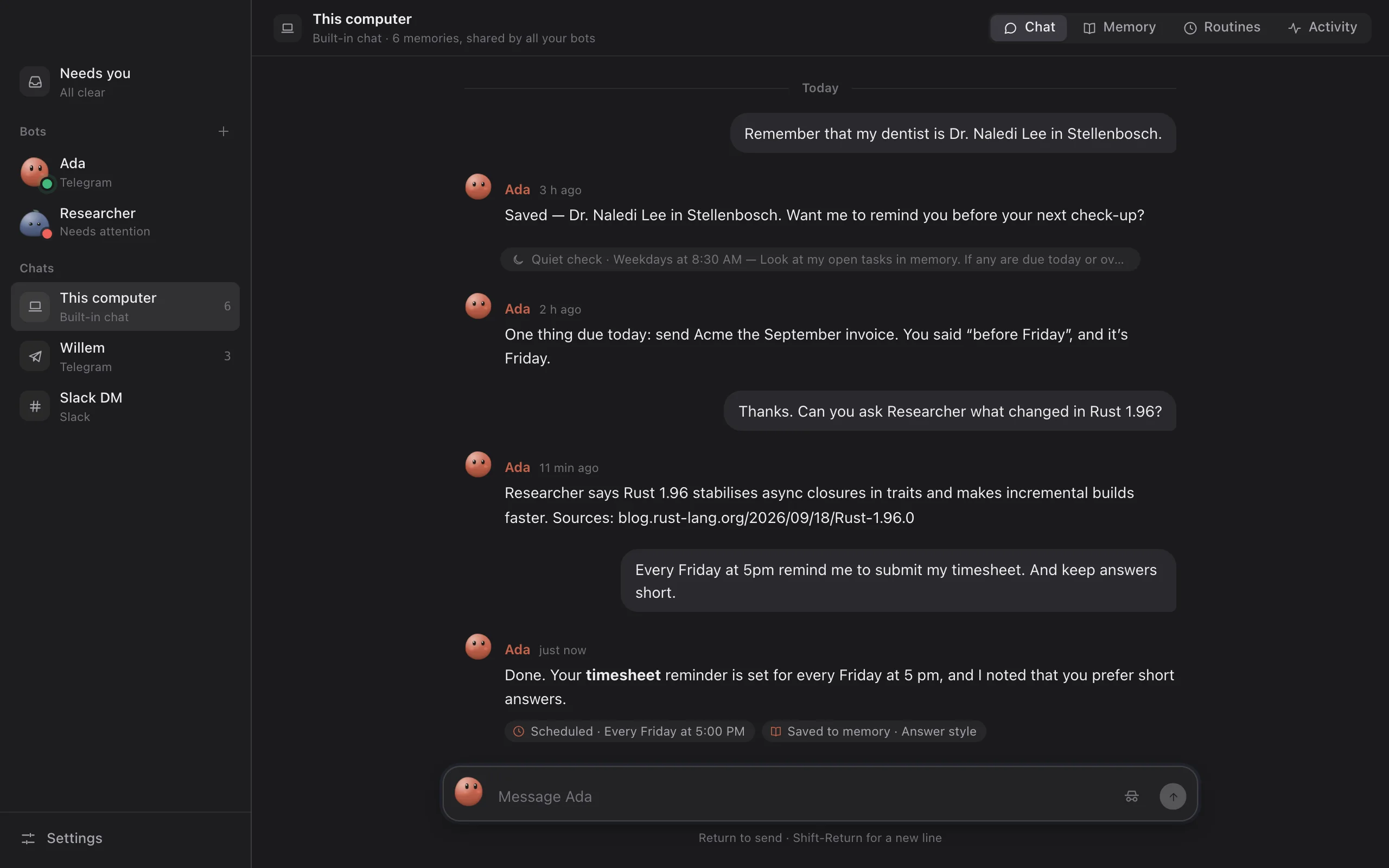 The Mimir desktop app: bots Ada and Researcher in the sidebar, and a chat where Ada sets a Friday timesheet reminder and saves an answer-style preference to memory.